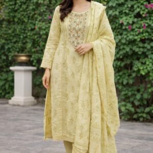 Elegant Pastel Yellow Embroidered Churidar 3-Piece Set for Women