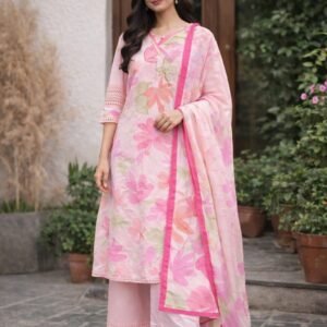 Elegant Floral Pink 3-Piece Churidar Set with Printed Dupatta