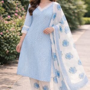 Sky Blue & White Cotton Blend Kurti Set with Floral Print Pant and Chiffon Dupatta