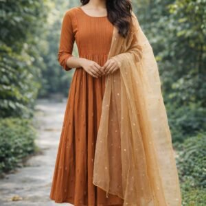 Elegant Rust Brown Embroidered Rayon Top with Golden Net Dupatta – Premium Ethnic 2 Piece Set