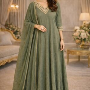 Premium Georgette Anarkali Churidar Set with Embroidered Neck & Dupatta – Available in 3 Elegant Colours