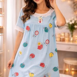 Women’s Soft Cotton Blend Cute Printed Night Dress with Lace Neck – Comfortable Loose Fit Nightwear FREE SIZE