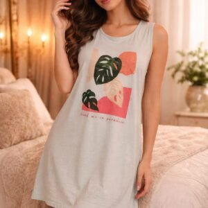 Women’s Soft Cotton Blend Sleeveless Printed Night Dress – Comfortable Casual Sleepwear FREE SIZE