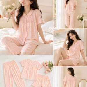 need a attractive tittle and detailed discription and short discription,imported nightwear 3 piece set with shirt model ,soft cotton material FREE SIZE